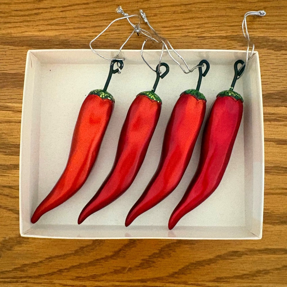 Red Chili Pepper Christmas Ornaments Set of 4 Metallic Glitter Southwest‎